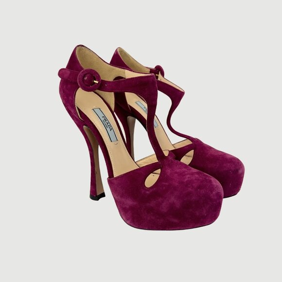 Prada Burgundy Suede Platform Heels - Picture 1 of 5